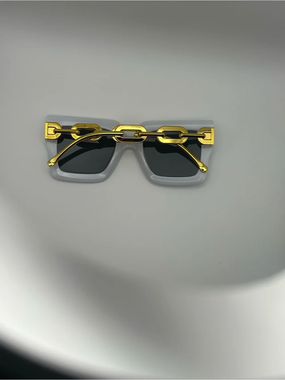White Frame Sunglasses with Gold Chain Temples